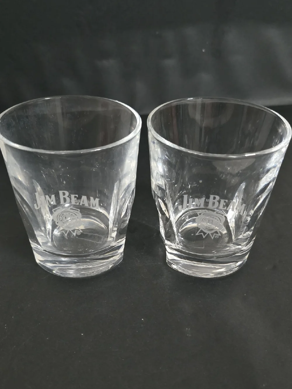 Pair of Jim Beam Etched Whiskey Glasses with Pinched Base